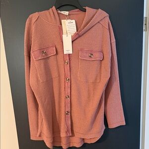 Women's Pink Button-Up Hooded Top